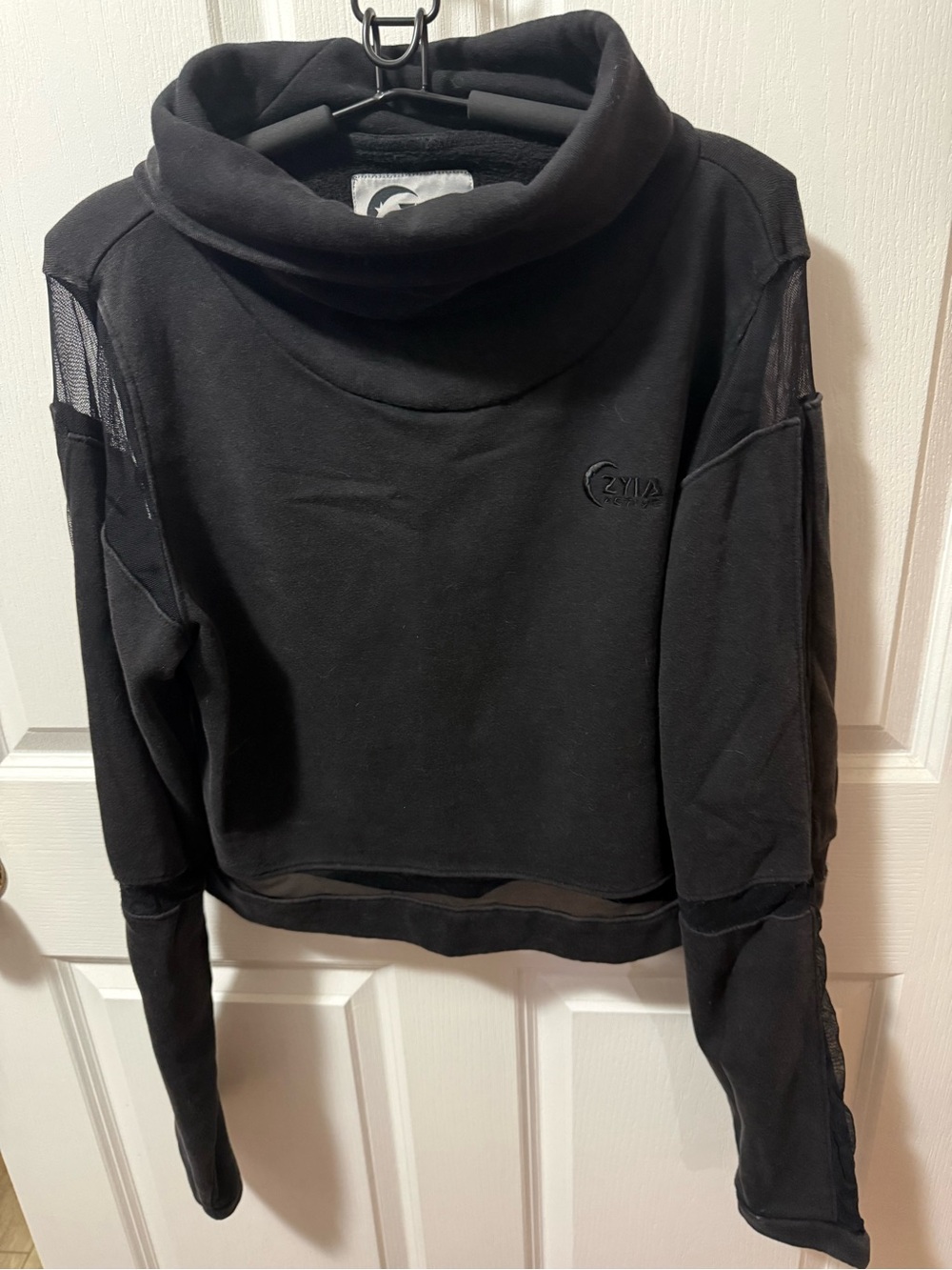ZYIA Black Funnel Neck Mesh-Trim Cropped Sweater